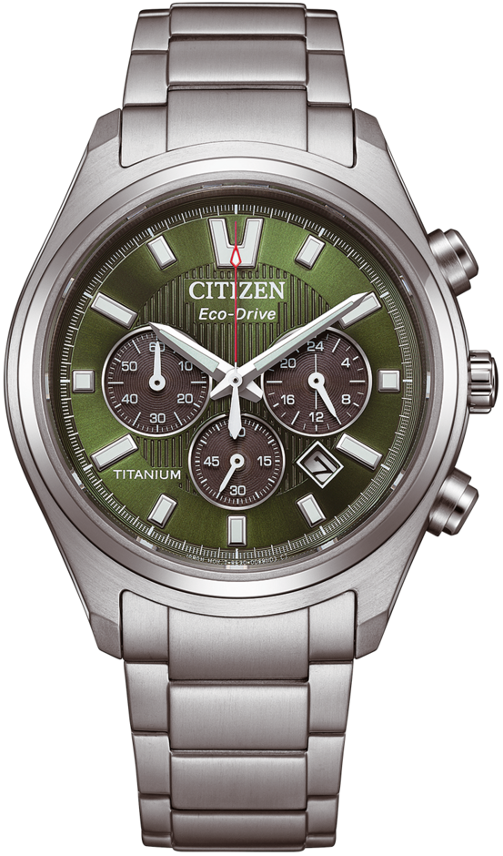 Herrenuhr mit grünem Zifferblatt, Chronograph-Subdials und Titanarmband