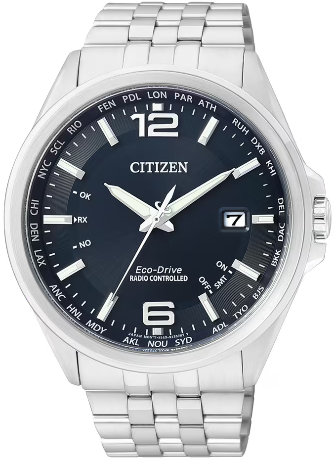 Citizen Eco-Drive Herrenuhr mit Edelstahlarmband, dunklem Zifferblatt und Datumsfenster