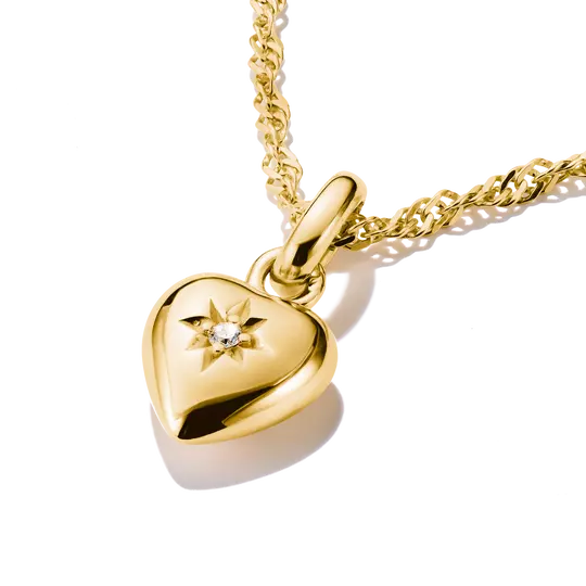 Goldfarbener Herz-Anhänger mit Stern und funkelndem Stein, an Kettenöse