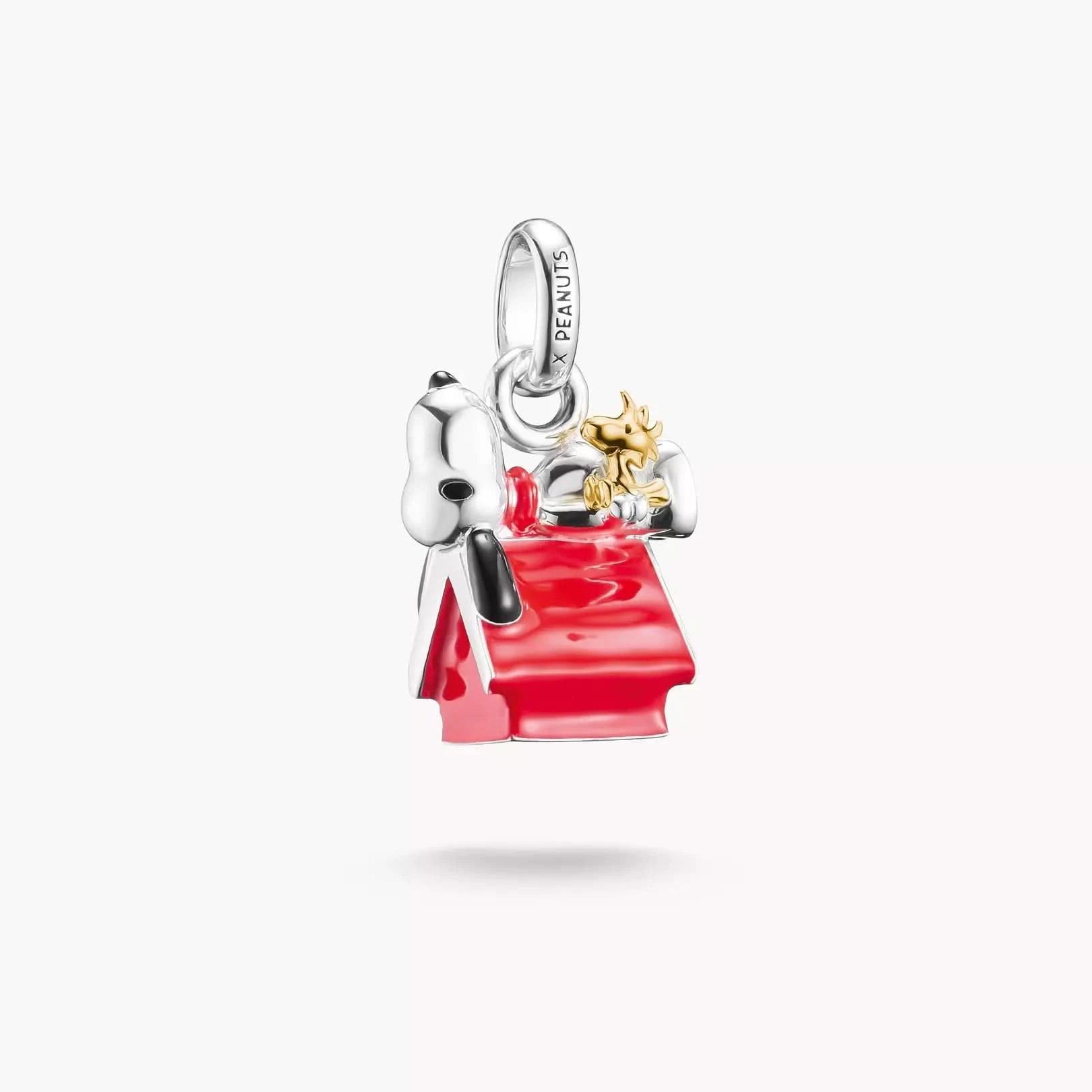Charm-Anhänger mit Snoopy und Woodstock am roten Hundehäuschen, 18K vergoldet