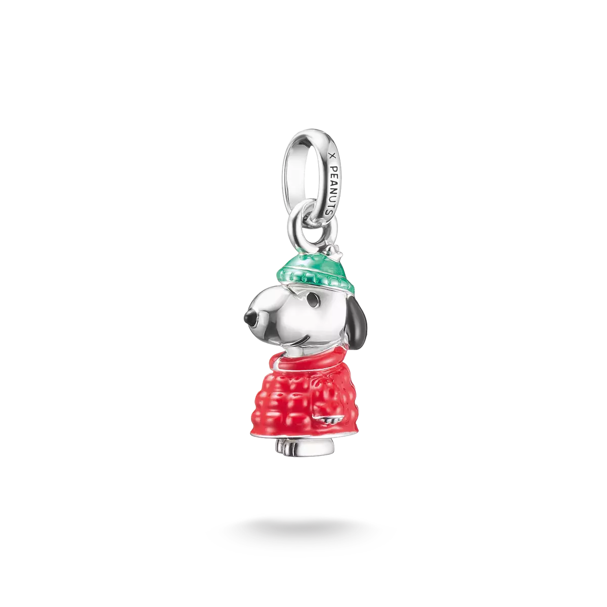 Snoopy-Winterjacke-Charm aus Sterling Silber mit rotem Mantel und grünem Kragen, Emaille