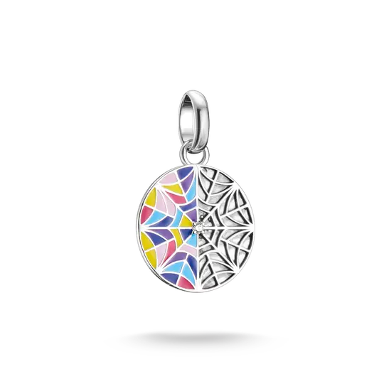 Silberner Charm-Anhänger mit ovalem Motiv und buntem Muster, mit Aufhängeschlaufe