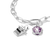 Silberner Charm an Kette: Schreibmaschine mit Zirkonia und lila Herzplakette.