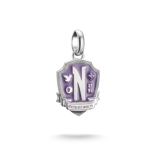 Silberner Charm-Anhänger mit lila Wappenschild, Buchstabe „N“ und 17/91