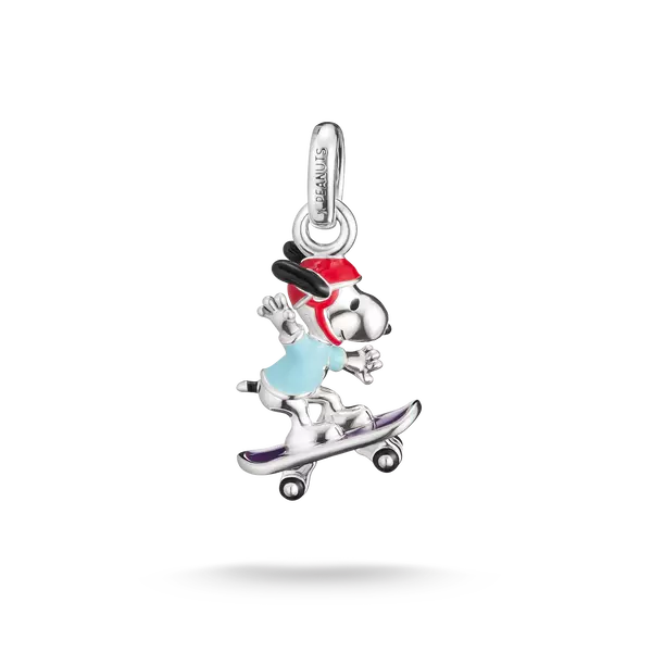 925-Sterlingsilber Anhänger mit Snoopy auf Skateboard, rot/blau emailliert