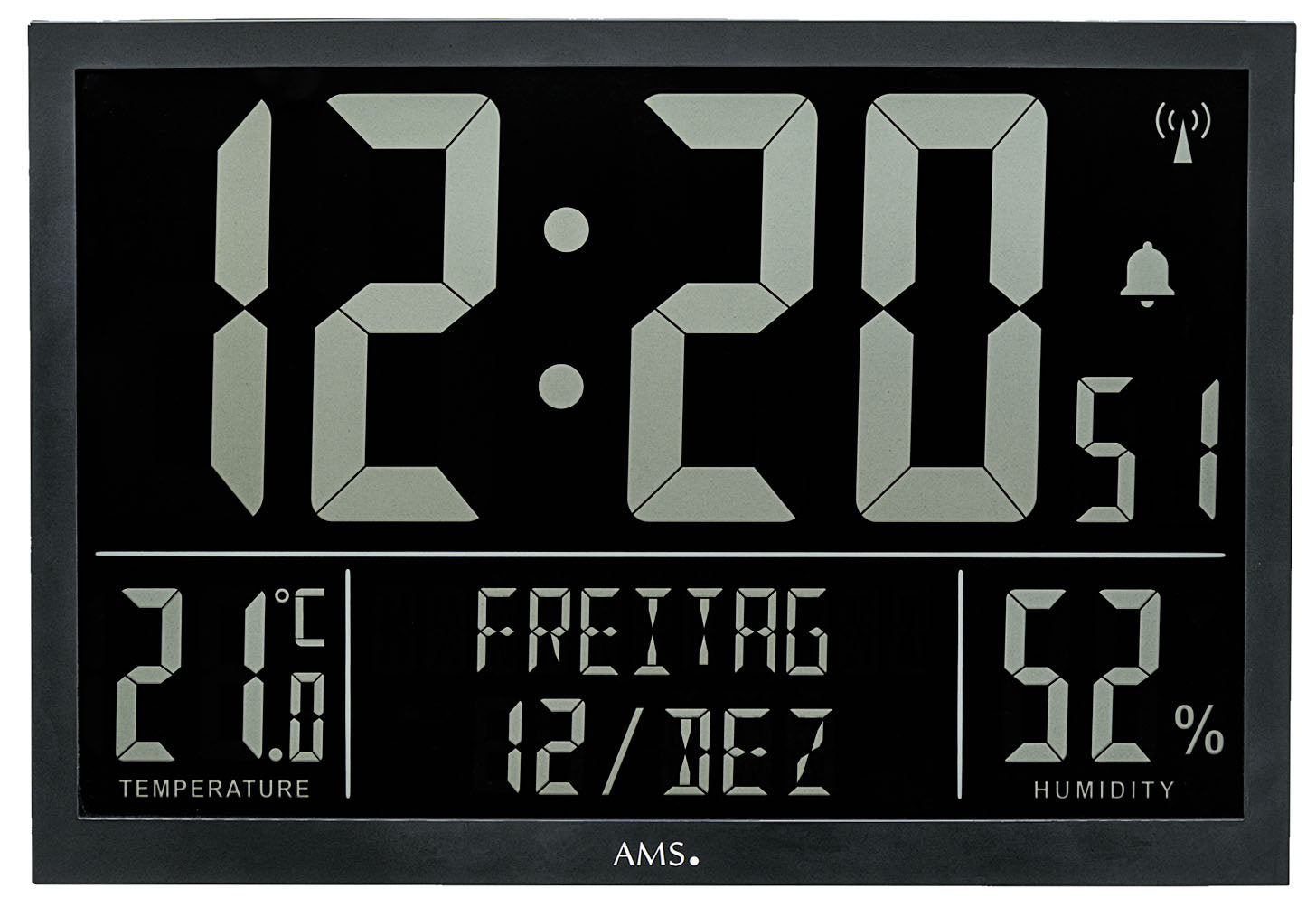 AMS Digitale Funk-Wanduhr F5889 • LCD Anzeige • Temperatur & Luftfeuchtigkeit