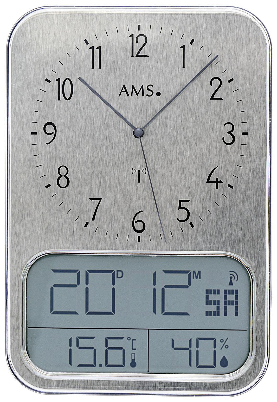 AMS Digitale Funk-Wanduhr F5891A • Aluminium-Optik • Datum, Temperatur & Feuchtigkeit