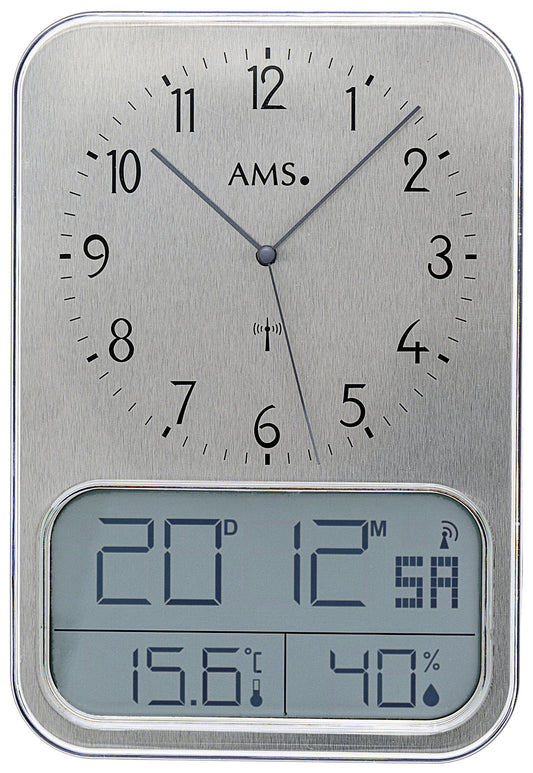 AMS Digitale Funk-Wanduhr F5891A • Aluminium-Optik • Datum, Temperatur & Feuchtigkeit