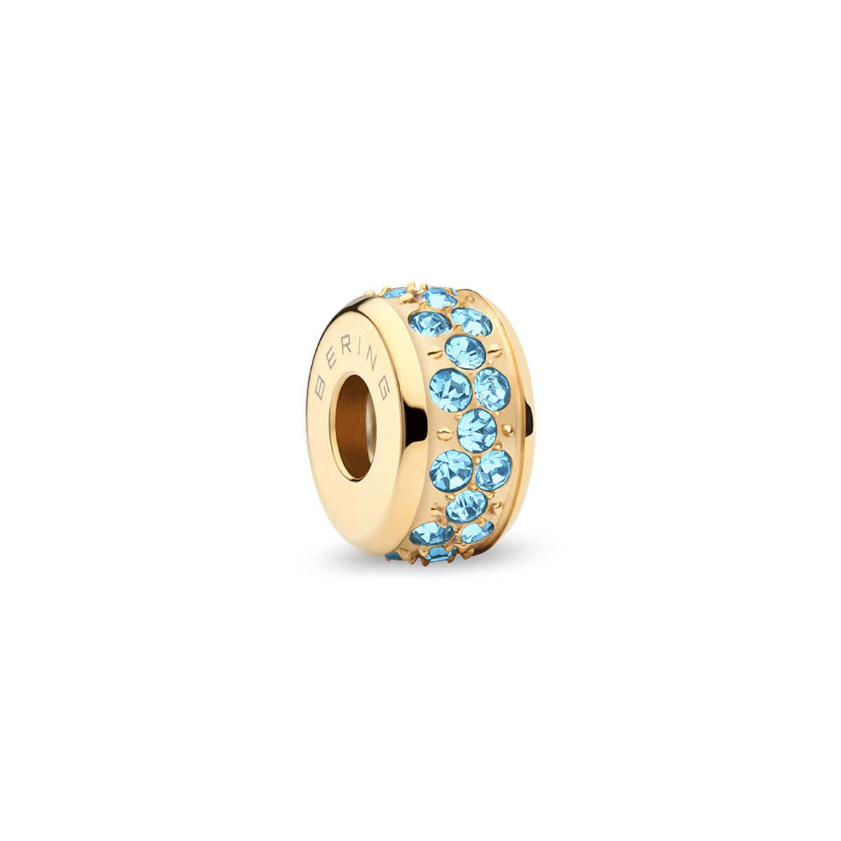 Charm-Anhänger aus Edelstahl (Bering) mit blauen Steinchen, goldfarbenes Band