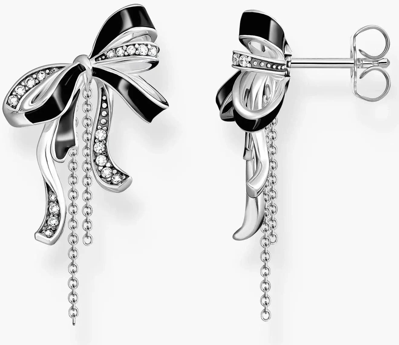 Schleifen-Ohrringe aus Silber mit glitzernden Schleifendetails und hängenden Ketten