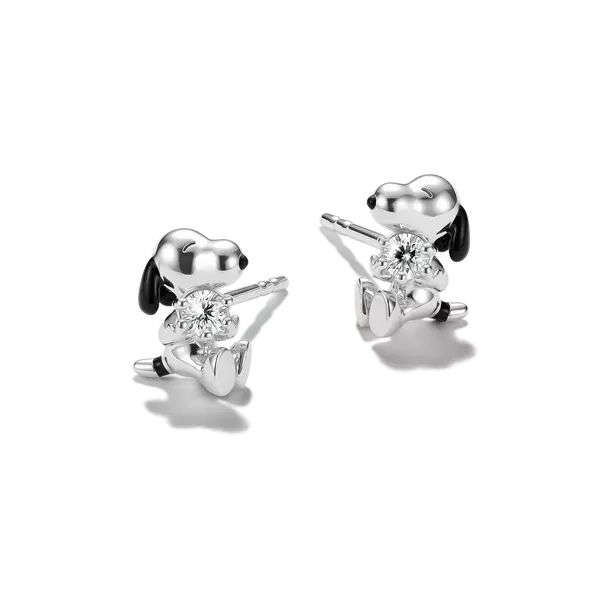 Snoopy-Ohrstecker aus 925er Sterlingsilber mit weißem Zirkonia, glänzend