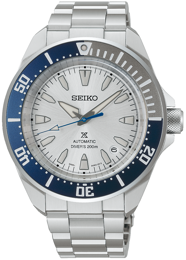 Seiko Herrenuhr mit silbernem Edelstahlarmband, blauem Lünette und weißem Zifferblatt