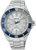 Seiko Herrenuhr mit silbernem Edelstahlarmband, blauem Lünette und weißem Zifferblatt