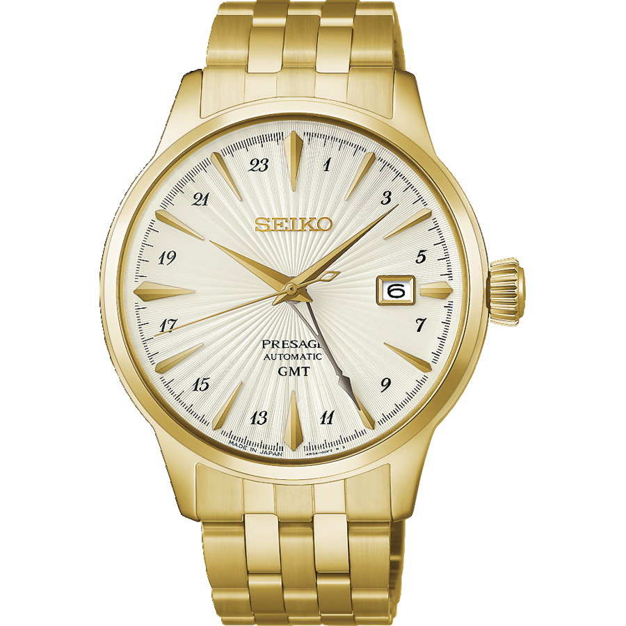 Seiko PRESAGE Cocktail Time HCB004J1 Herren Armbanduhr Gelbgold • GMT-Zeiger • Automatikwerk Kaliber 4R34