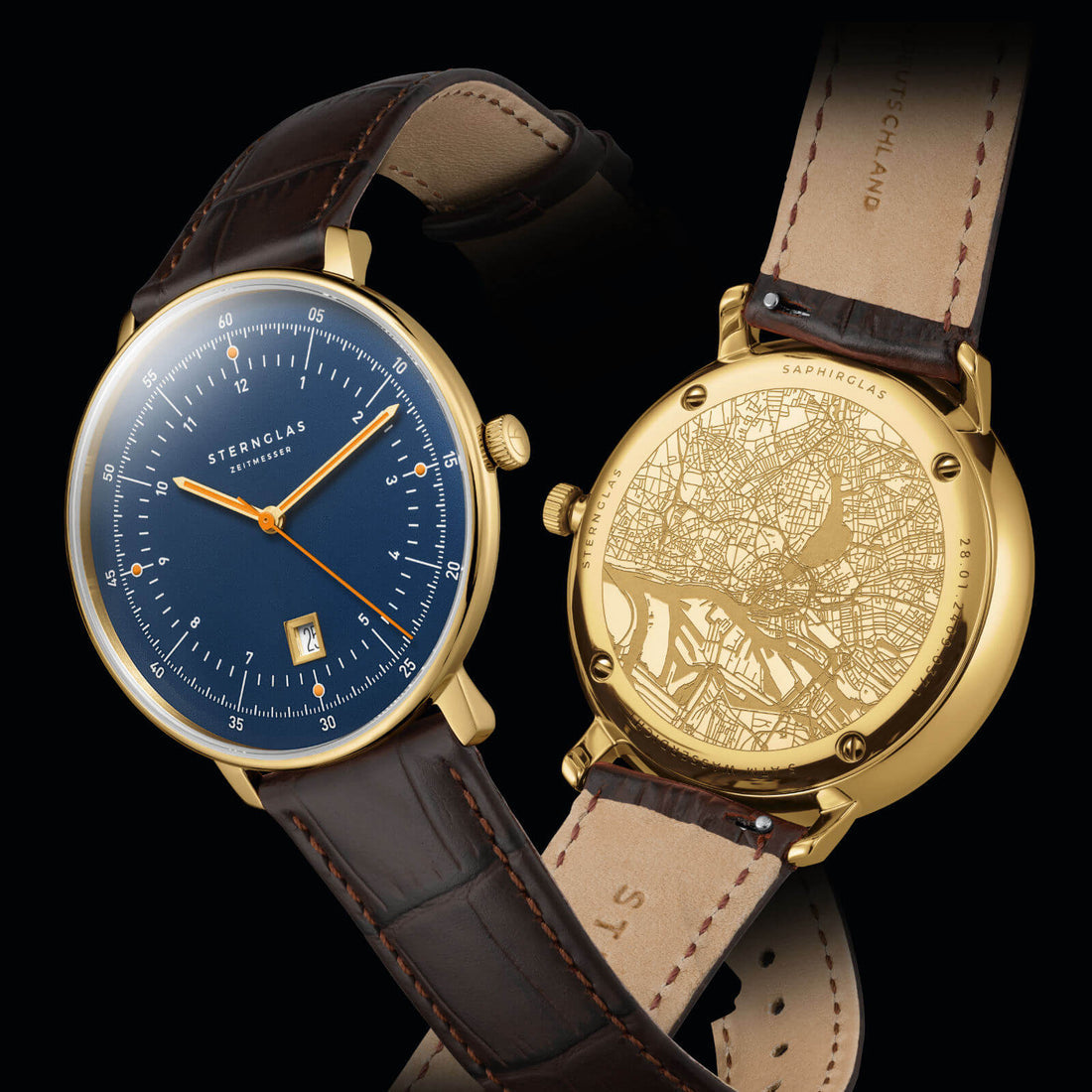 Elegante Herrenuhr Hamburg Quarz Saphirglas Datumsanzeige Dunkelblau Goldfarben Lederarmband - Sternglas Modell: S01-HH07-HE01