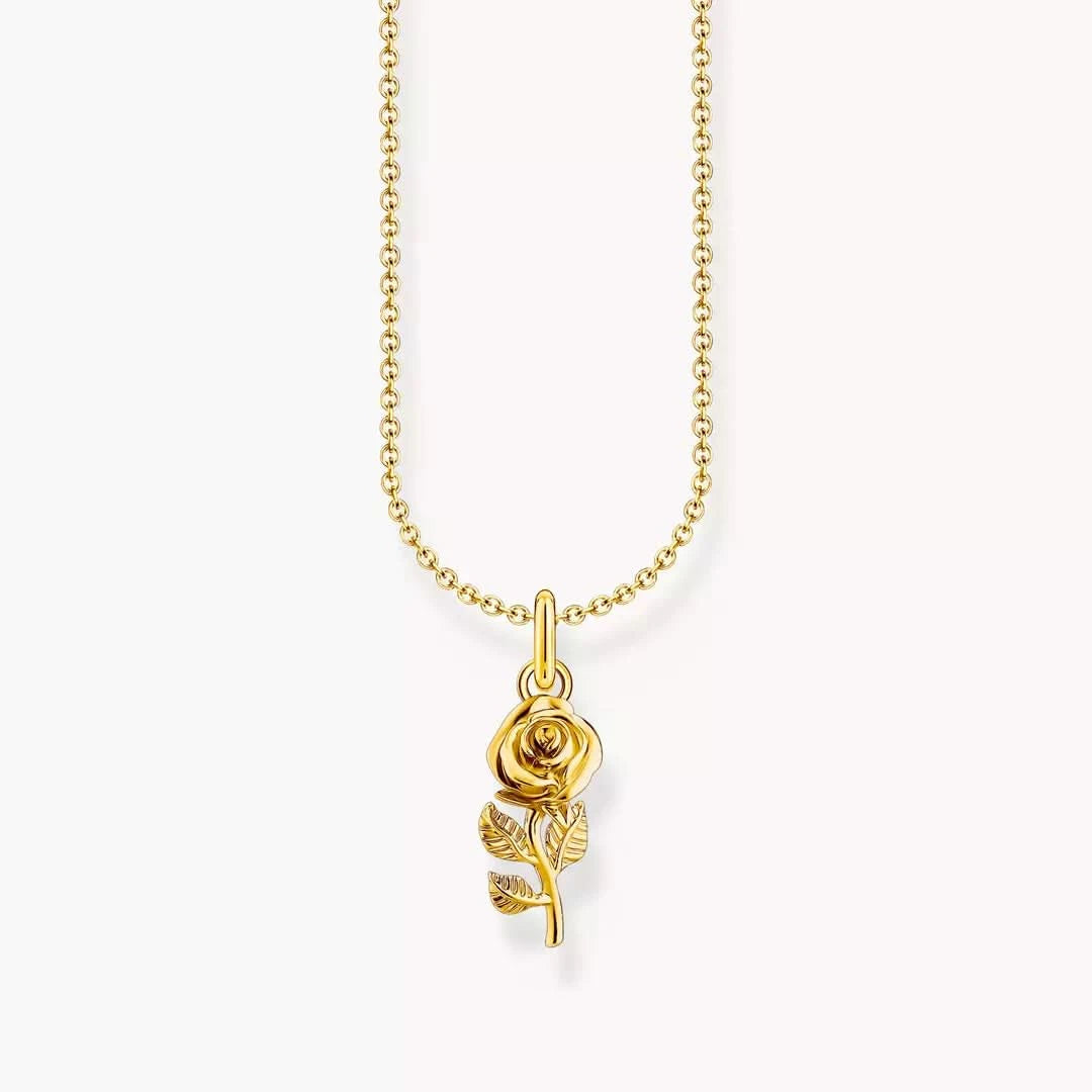 Vergoldete Kette mit Rosen-Anhänger, feine Gliederkette und rundes Anhängermotiv