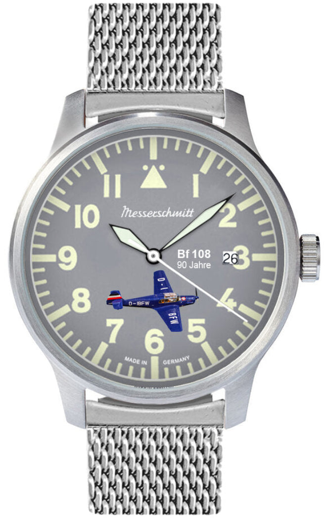 Herrenuhr, Fliegeruhr Edelstahl - Grau - Messerschmitt Modell: ME-42BF108-M