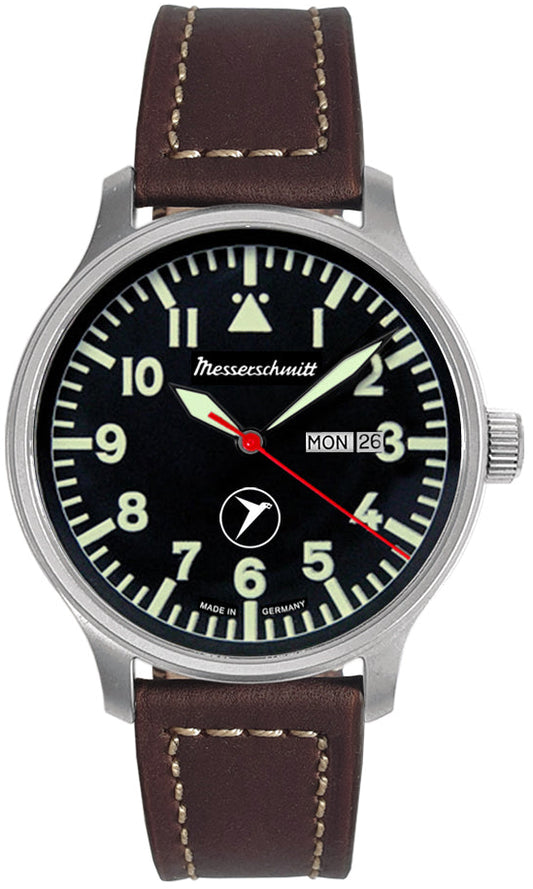 Herrenuhr, Fliegeruhr aus Edelstahl- Schwarzes Zifferblatt - Messerschmitt Modell: ME-6332-DD2