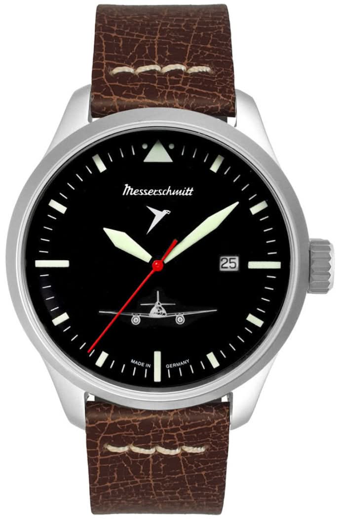 Herrenarmbanduhr Messerschmitt mit schwarzem Zifferblatt und braunem Lederband