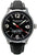 Herrenuhr mit schwarzem Zifferblatt, roten Sekundenzeiger und schwarzem Lederband.