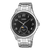 Herrenarmbanduhr mit schwarzem Zifferblatt, Indexen und Mondphasenfenster, Edelstahlgehäuse
