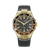 Armbanduhr: schwarzes Zifferblatt, goldfarbene Zeiger, rundes Gehäuse, schwarzes Lederband.
