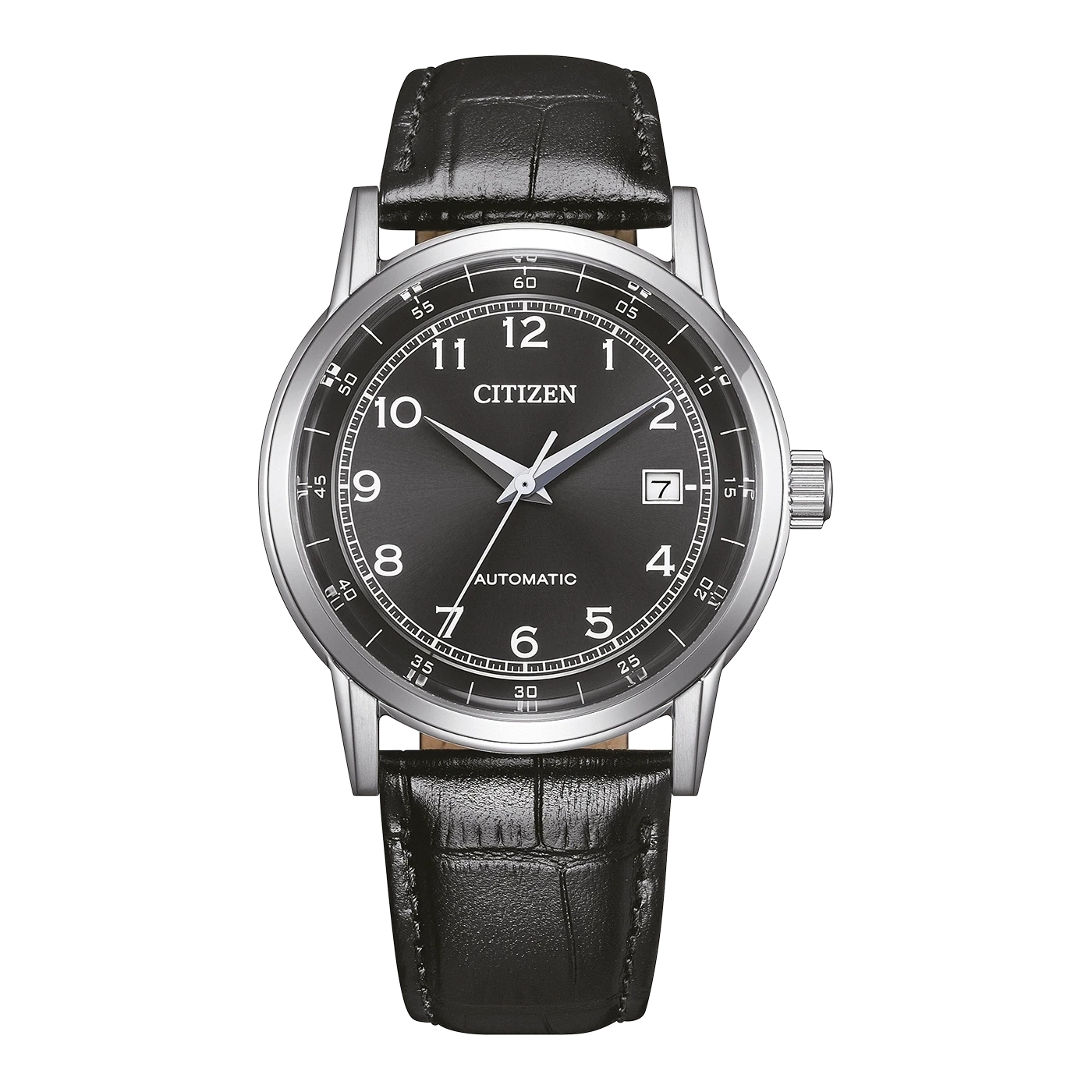 Herrenuhr mit schwarzem Lederarmband und rundem Zifferblatt, silberfarbene Lünette