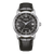 Herrenuhr mit schwarzem Lederarmband und rundem Zifferblatt, silberfarbene Lünette