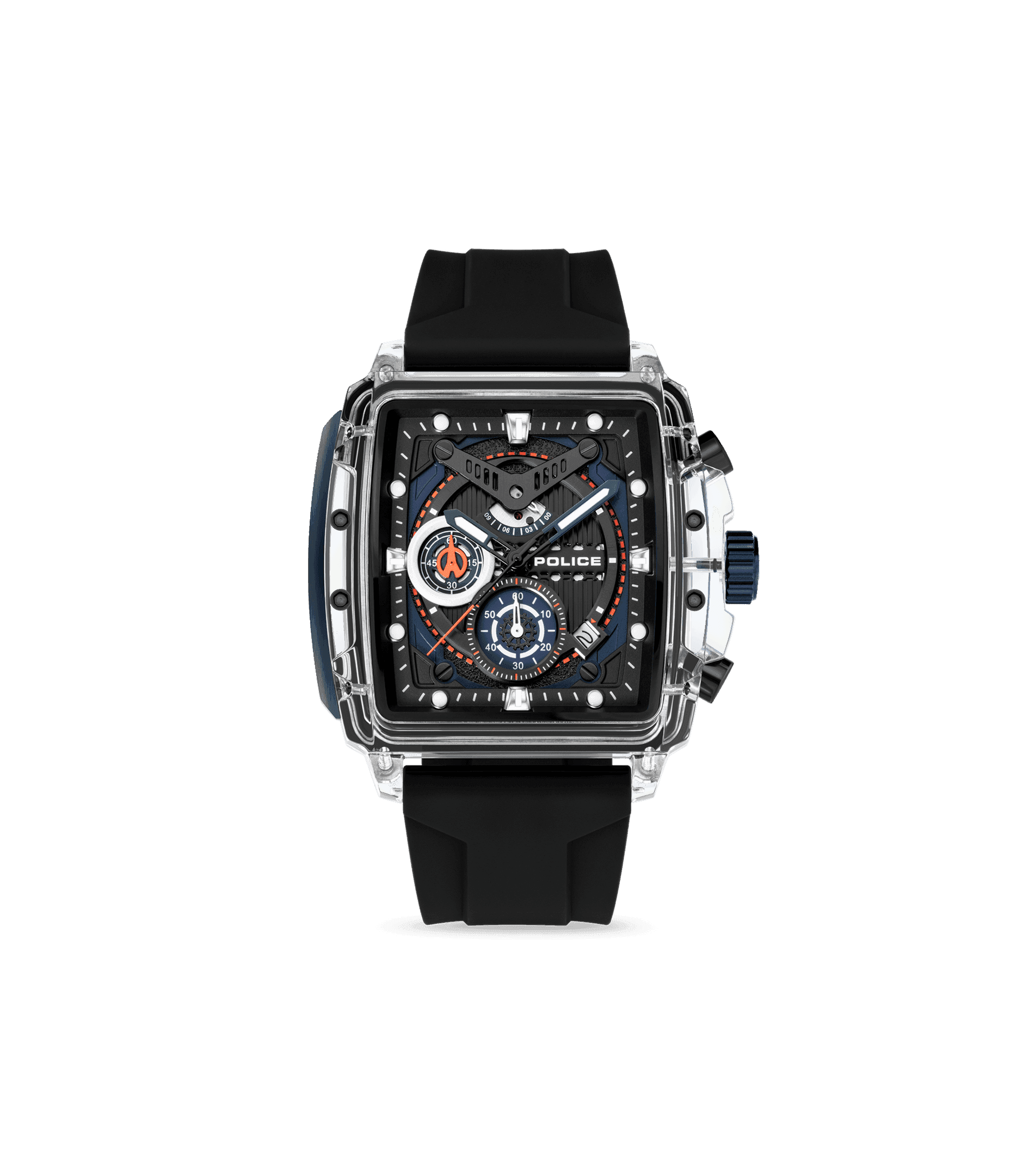 Chronographen-Uhr mit schwarzem Silikonarmband und silberner Lünette