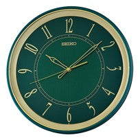 Seiko Wanduhr mit grünem Zifferblatt, goldfarbenem Gehäuse und arabischen Ziffern