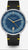 Herrenuhr mit blauem Zifferblatt, goldenen Zeigern und schwarzem Lederarmband