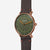 Rundansicht Unisex-Uhr mit braunem Lederband, olivegrünem Zifferblatt und Roségoldlünette