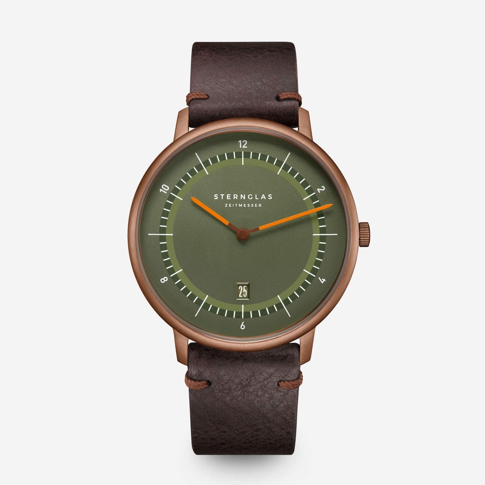 Unisex-Armbanduhr mit braunem Lederband, olivegrünem Zifferblatt und rundem Roségoldgehäuse