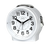 Analoger Wecker mit weißem Gehäuse, schwarzer Zeitanzeige und JVD-Logo