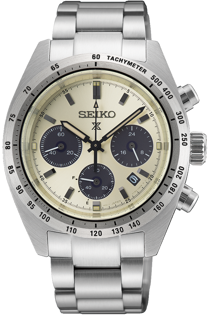 Herrenuhr Chronograph: silbernes Edelstahlgehäuse, beiges Zifferblatt, dunkle Hilfszifferblätter