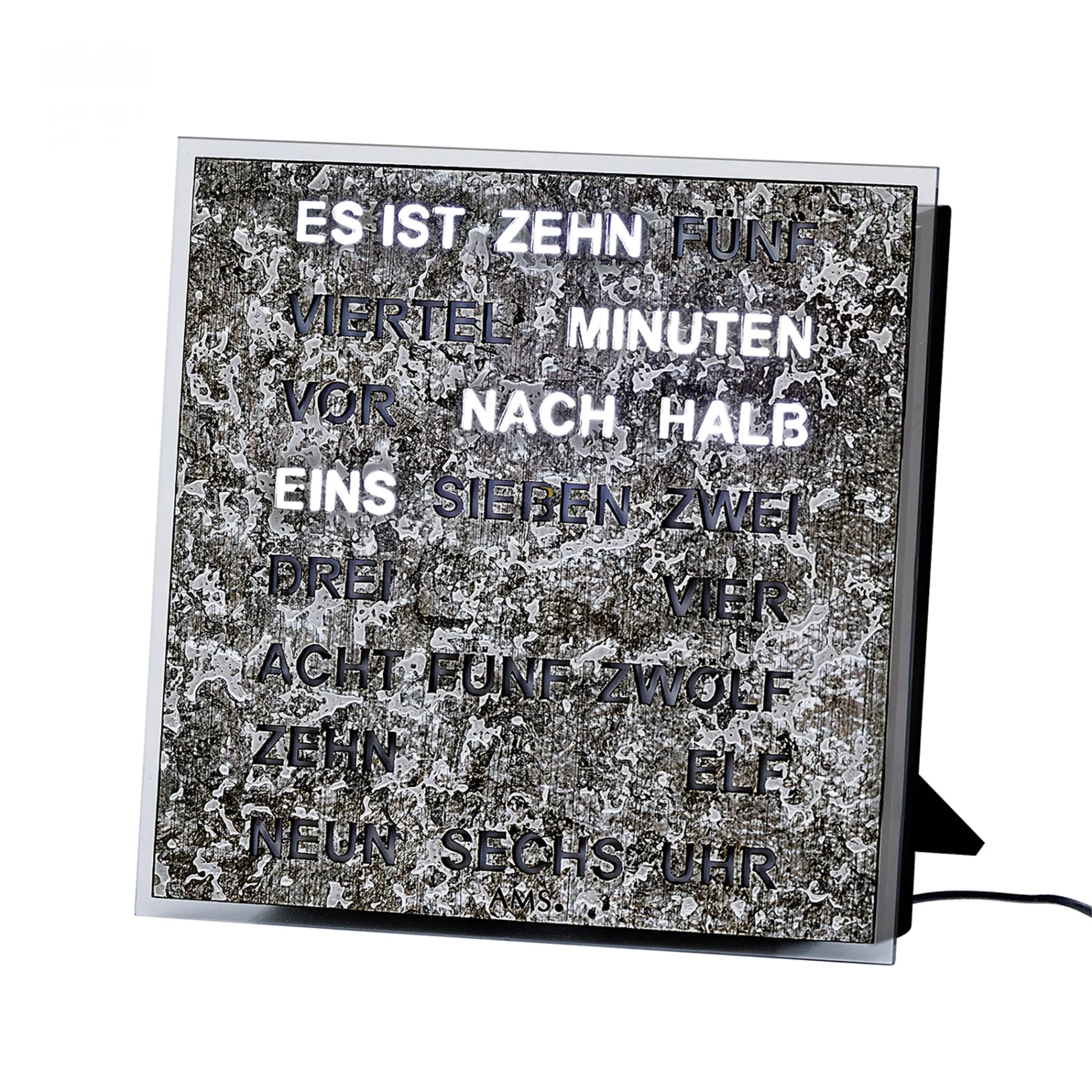 Wortuhr mit LED-Wortanzeige, silbernes Metallgehäuse und schwarz abgesetztem Rahmen