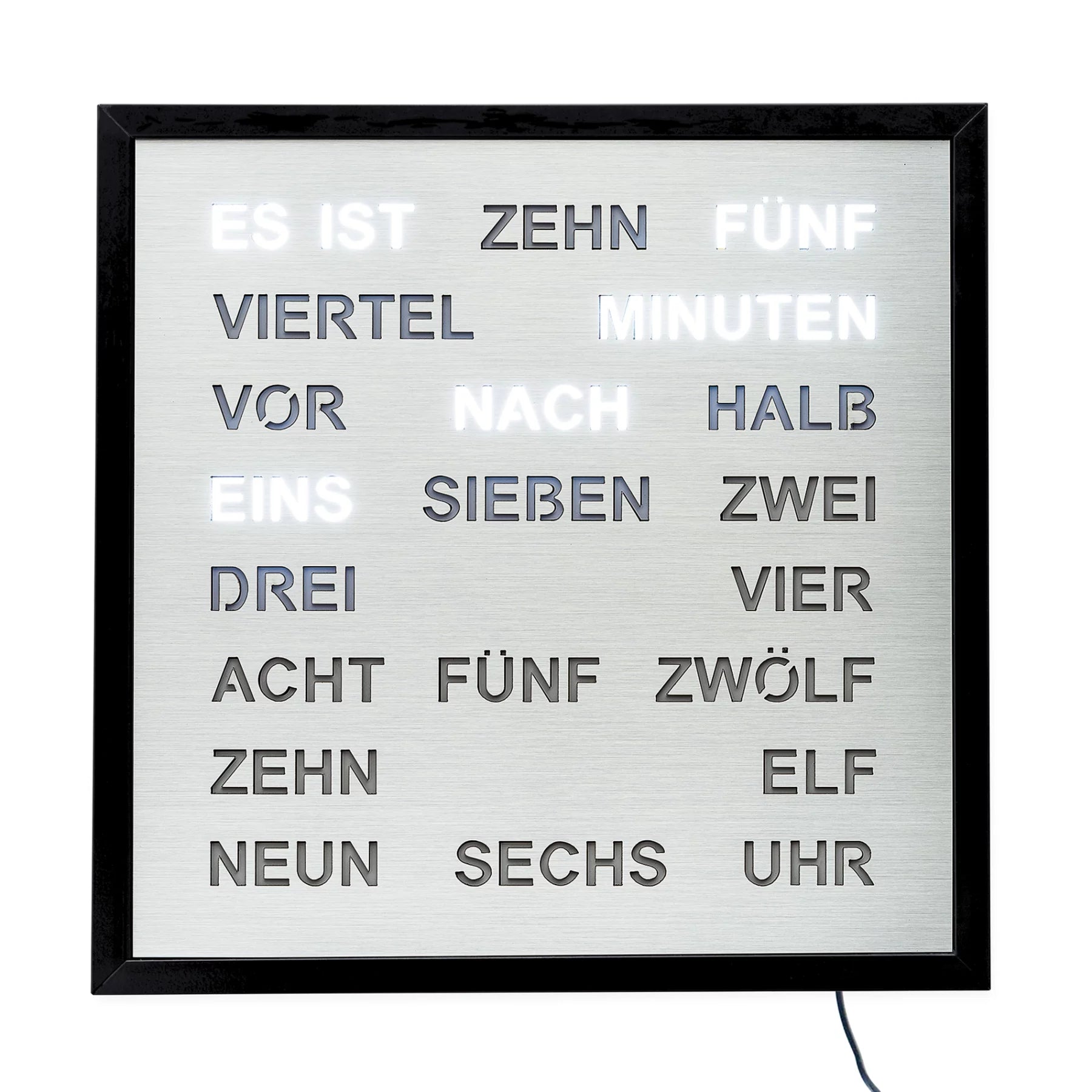 Wanduhr mit LED-Wortanzeige, silbernes Sichtfeld, schwarzer Rahmen, blau leuchtende Wörter