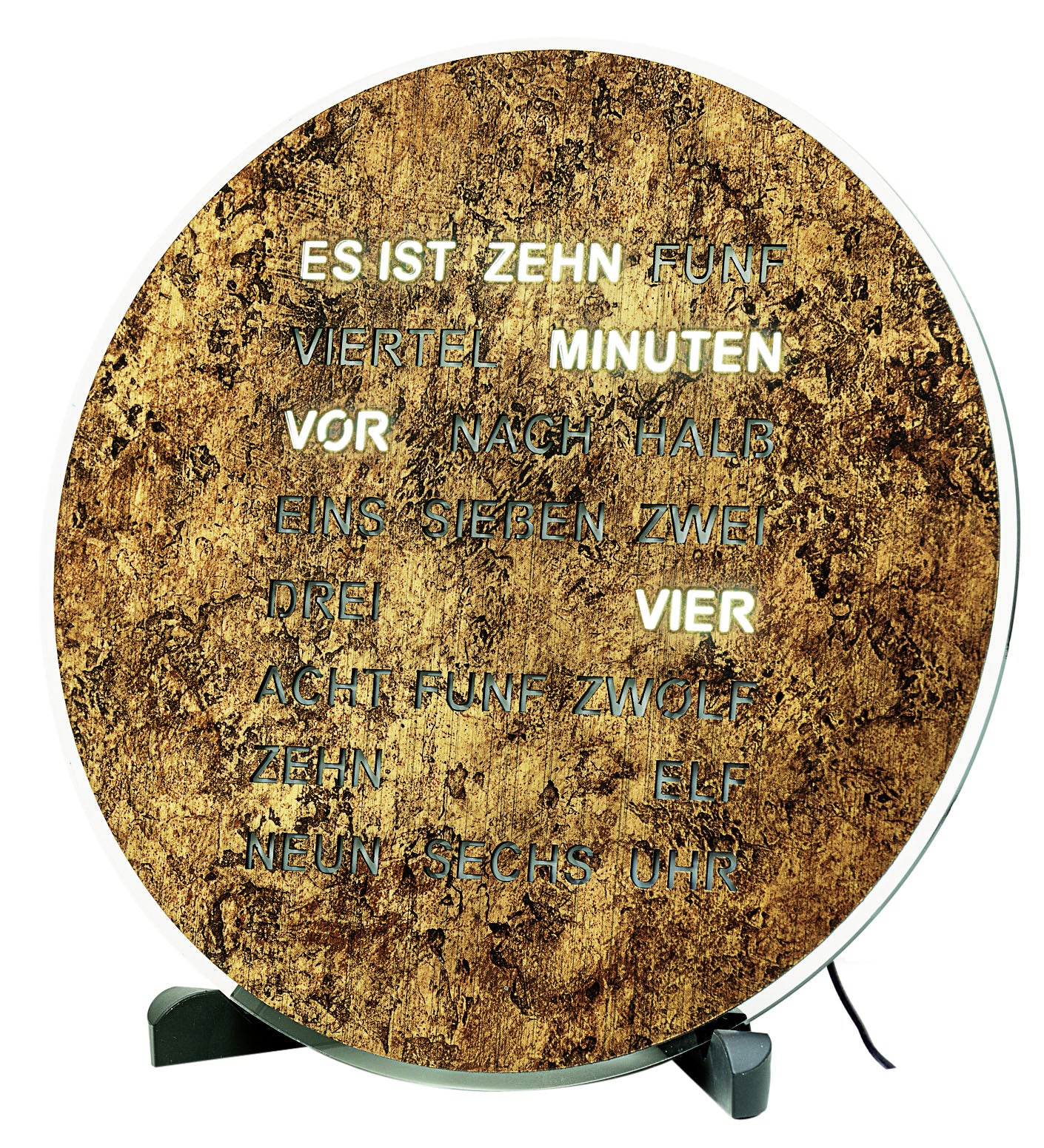 AMS Tisch- und Wanduhr T1293 • LED-Anzeige • Wortuhr in Wurzelholz-Optik