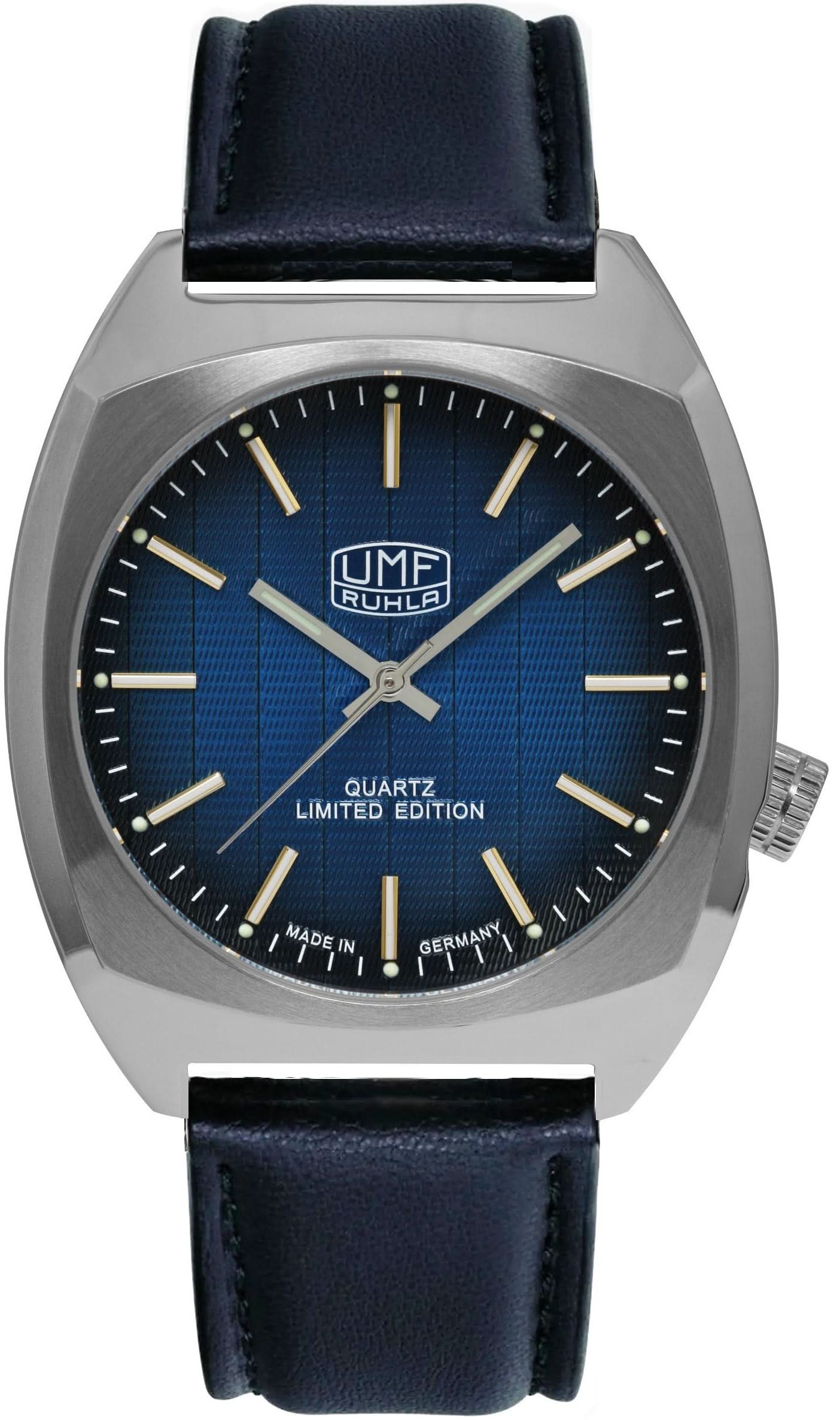 Herrenuhr: Edelstahlgehäuse, blaues Ziffernblatt, dunkelblaues Lederarmband