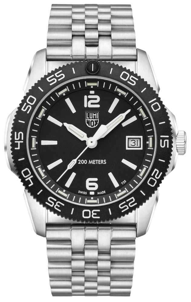 Herrenuhr mit schwarzem Zifferblatt, silbernem Edelstahlband und drehbarer Taucherlünette