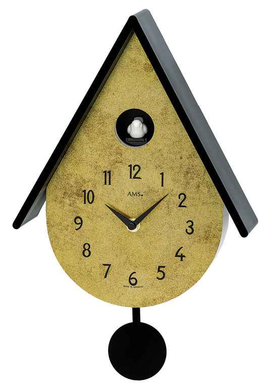 AMS Pendelwanduhr W7511 • Kuckucksruf • Modernes Design in Messing antik & Schwarz
