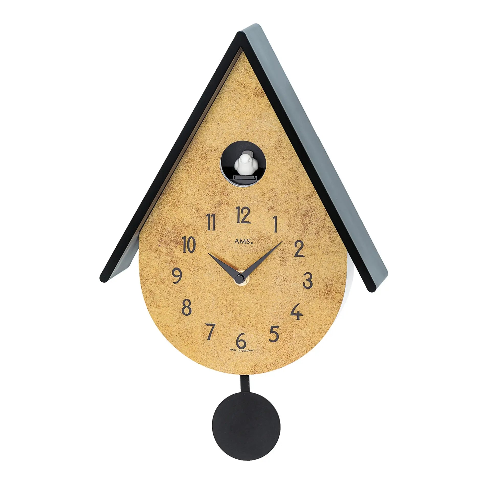 Wanduhr mit rundem Pendelgewicht, goldenem Zifferblatt und Vogelmotiv im Fenster
