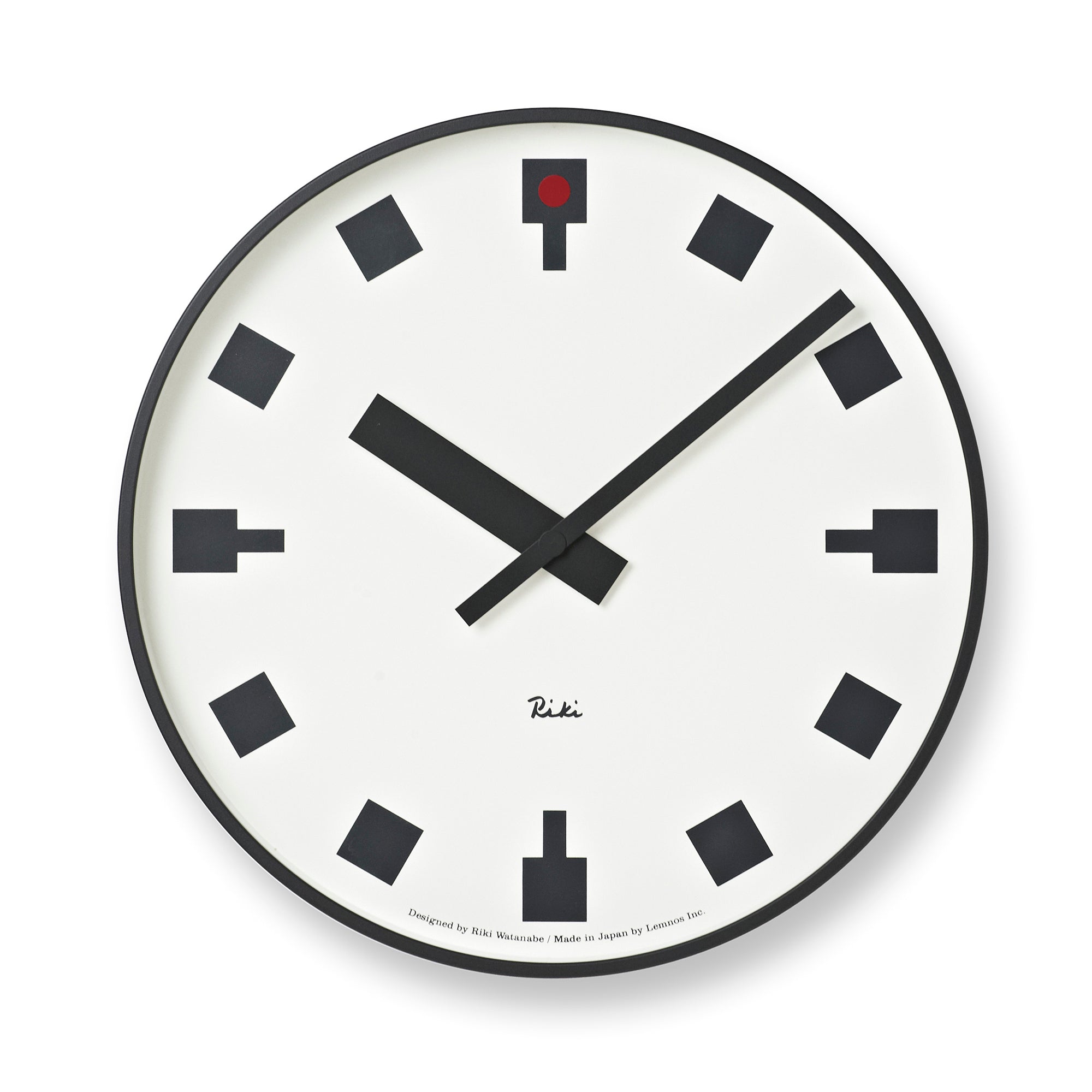 Weiße Wanduhr mit schwarzem Rahmen, schwarzen Zeigern und roten Detailanzeige oben