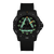 Herrenuhr mit schwarzem Zifferblatt, grünen Leuchtmarkierungen, schwarzem Textilband und Lünette