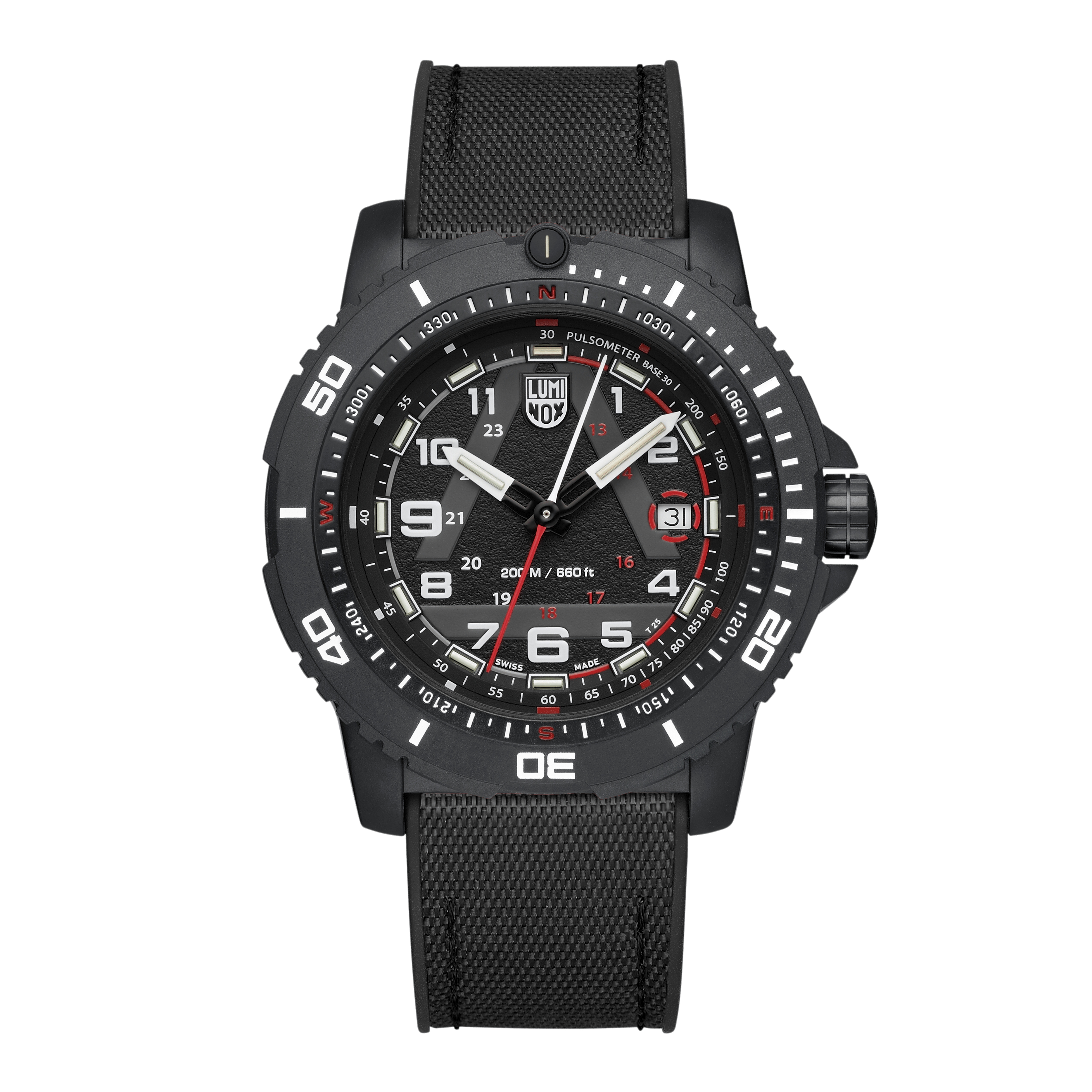 Herrenuhr mit schwarzem Zifferblatt, roten Akzenten, schwarzem Textilband und gerahmter Lünette