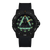 Herrenuhr mit dunkelgrauem Gehäuse, blauem Textilband und grün leuchtendem Zifferblatt