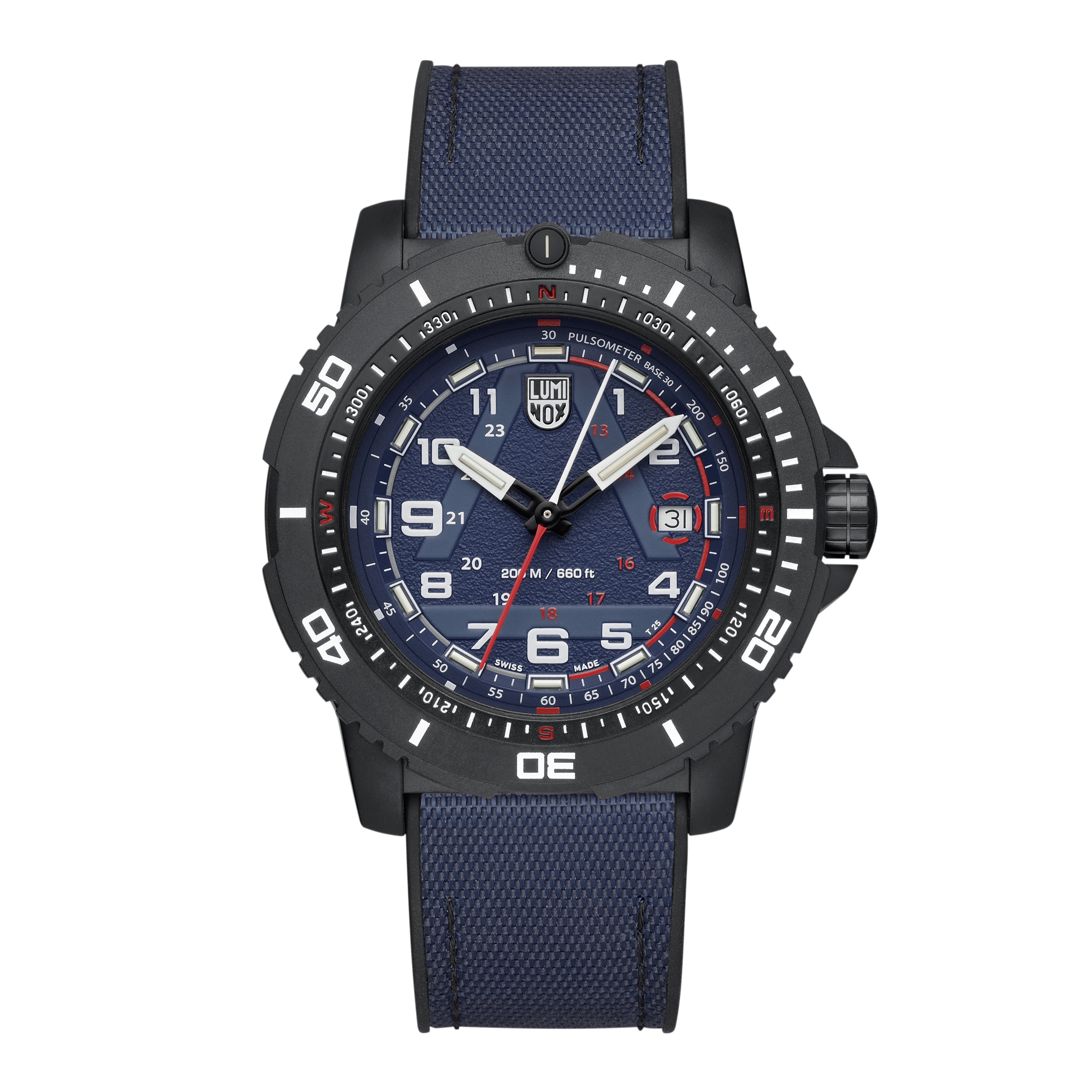 Herrenuhr mit dunkelgrauem Gehäuse, blauem Textilband und blauem Zifferblatt