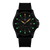 Herrenuhr mit schwarzem Textilarmband, schwarzem Gehäuse und grün leuchtenden Markierungen