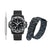 Herrenuhr mit schwarzem Band und grauem Zifferblatt sowie losem Armbandteil; Metallwerkzeug daneben.
