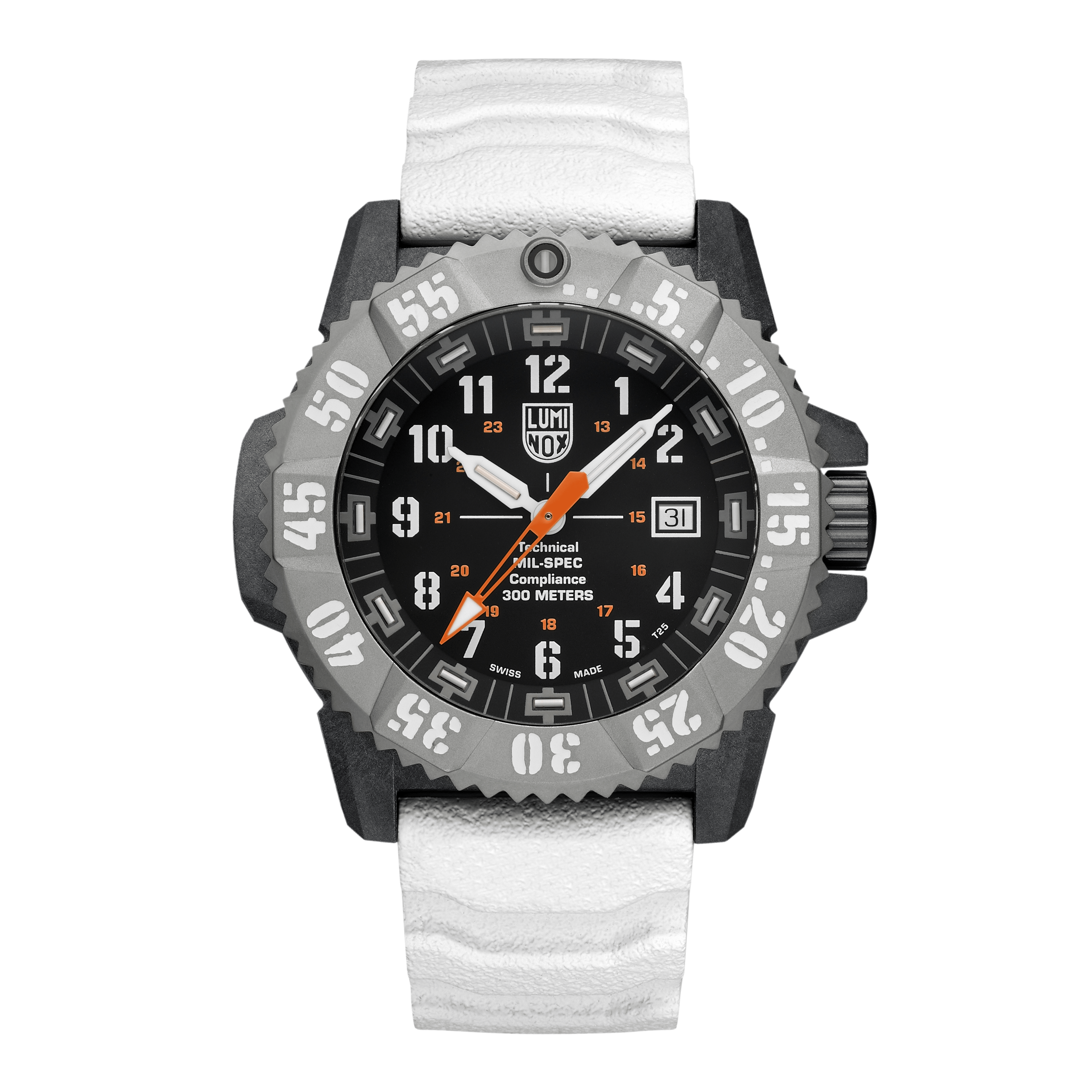 Herrenuhr mit schwarzem Gehäuse, grauem Zifferblatt, orangefarbene Zeiger und Datumsfenster, hellgraunes Band